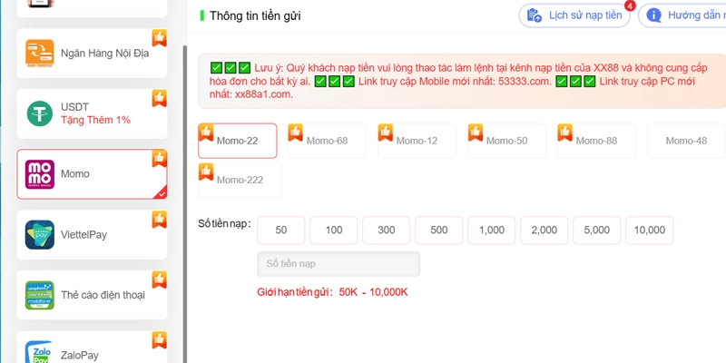 Nạp tiền XX88 bằng phương thức MOMO