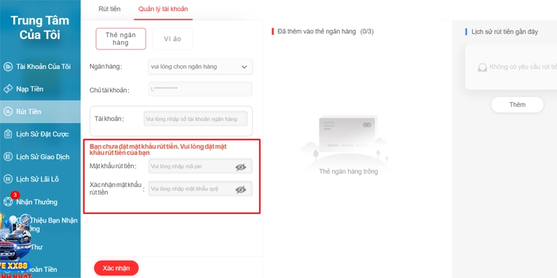 Vào trang cá nhân để cập nhật mật khẩu rút tiền XX88